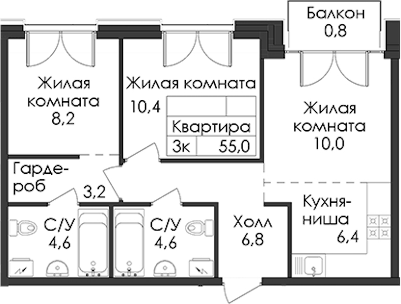 2-комнатная квартира 55 м², 7/9 эт., ЖК «Лермонтовский 54»